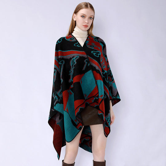Damen Jacquard-Überwurfponcho mit musikalischem Ornament und Rollkante Shop Nory
