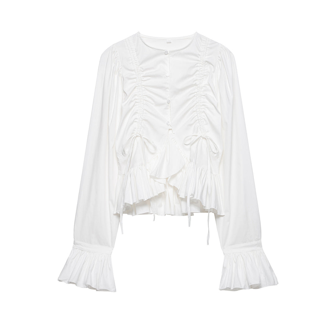 Damen Rüschige Bluse mit Kordelzug, Ballonärmeln und Volant-Saum Shop Nory