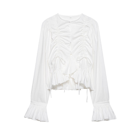 Damen Rüschige Bluse mit Kordelzug, Ballonärmeln und Volant-Saum Shop Nory