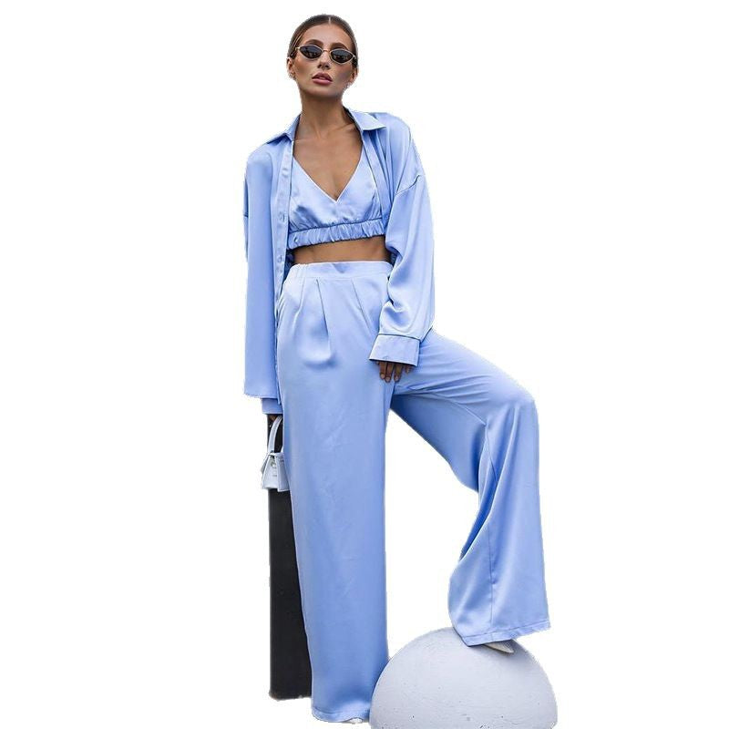 Damen eleganter Satin-Anzug mit weitem Schnitt Shopnory