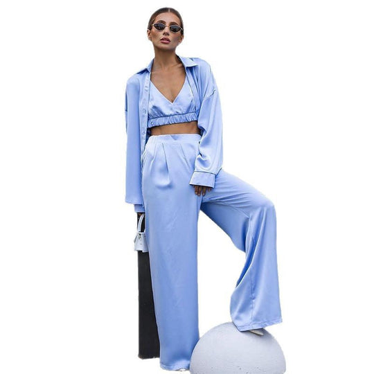 Damen eleganter Satin-Anzug mit weitem Schnitt Shopnory