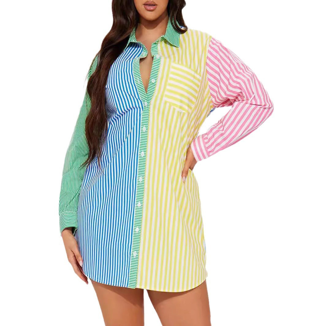 Damen Oversize Hemdblusenkleid mit mehrfarbigem Streifenblock Shop Nory