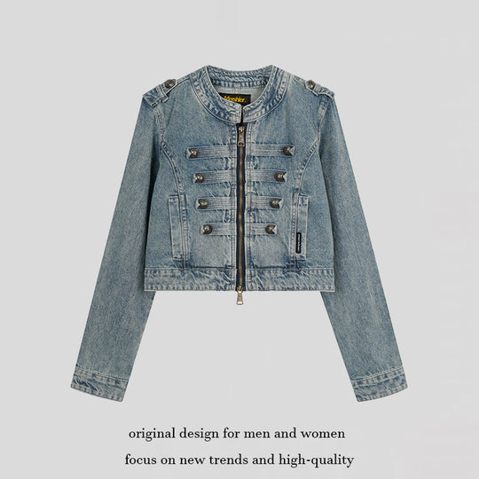Damen Cropped-Denimjacke im Military‑Stil mit Zierknopfleisten Shop Nory