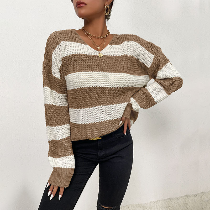Damen Gestreifter Strickpullover mit V‑Ausschnitt und lässiger Oversize‑Passform Shop Nory