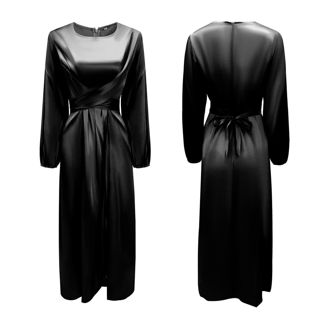 Damen Elegantes Maxikleid aus Satin mit Wickel-Detail, Langarm und Taillenband Shop Nory