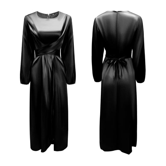 Damen Elegantes Maxikleid aus Satin mit Wickel-Detail, Langarm und Taillenband Shop Nory