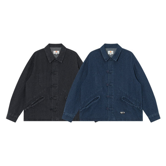 Herren Kurz geschnittene Denim-Chorejacke im Boxy-Blousonstil mit chinesischer Knebelknopfleiste Shop Nory