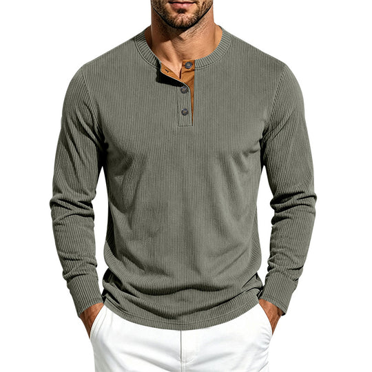 Herren Geripptes Langarm-Henley mit Stehkragen, Kontrast-Knopfleiste und Rippbündchen Shop Nory