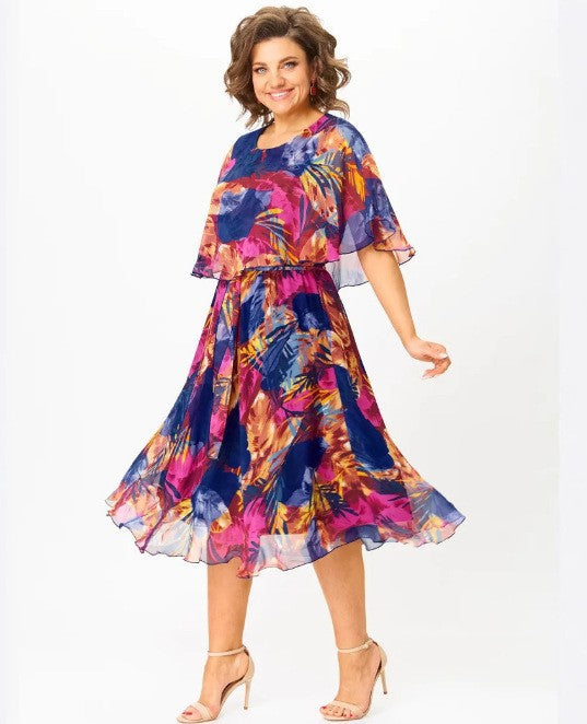 Damen Chiffon Midi Kleid mit capa Ärmeln und elastischem Taillenbund Shop Nory