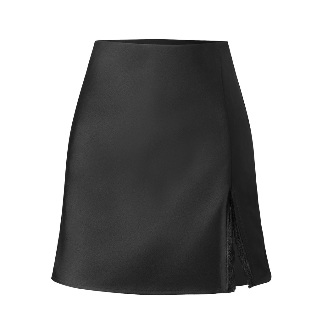 Damen Satin-Rock mit seitlichem Schlitz und Spitzenakzenten