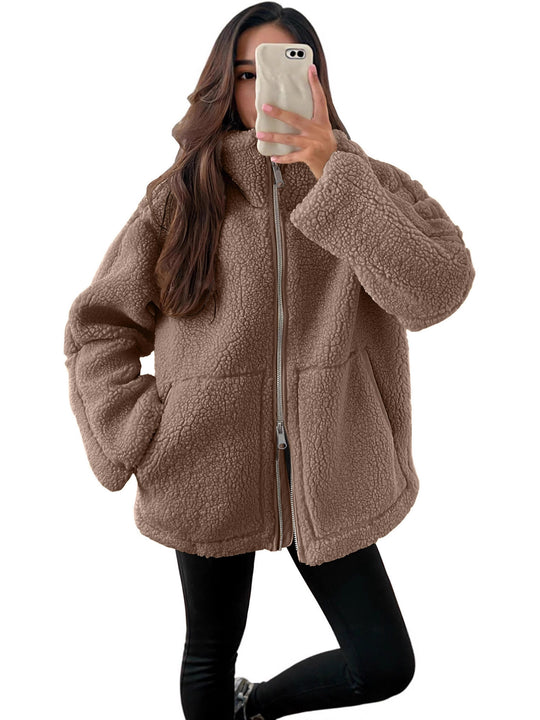 Damen nan oversized Teddyfleece Jacke mit Stehkragen und durchgehendem Reißverschluss Shop Nory