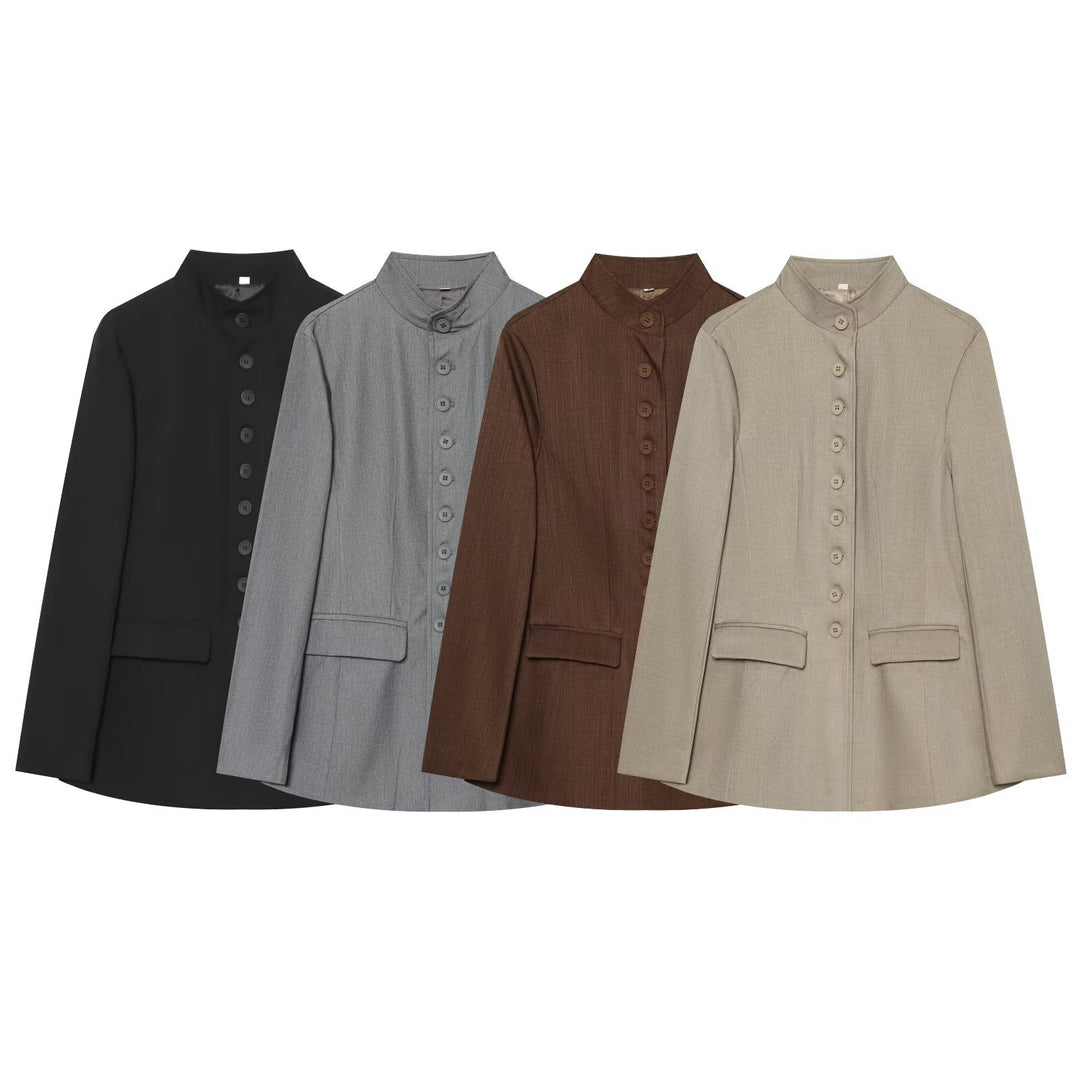 Damen Langblazer mit Stehkragen und durchgehender Knopfleiste Shop Nory
