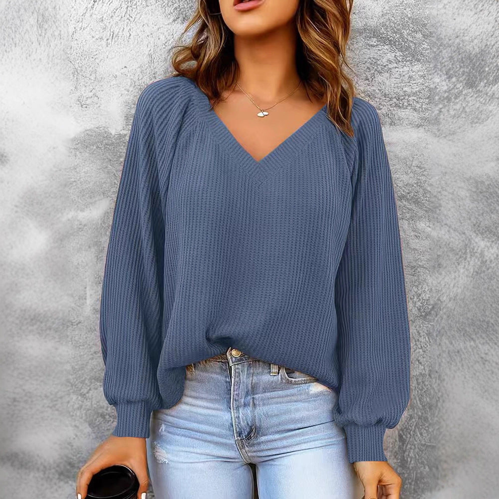 Damen Feinstruktur-Strickpullover mit V-Ausschnitt, Ballonärmeln und Rippbündchen Shop Nory