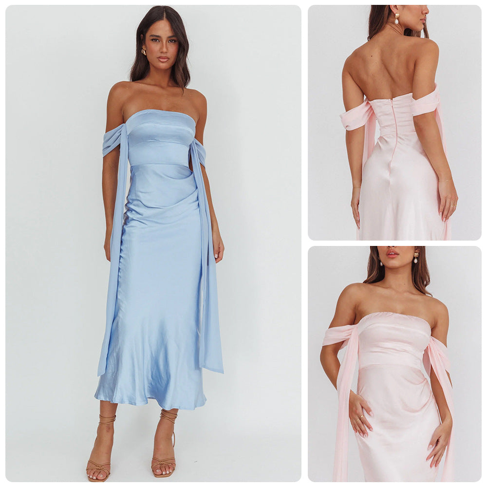 Damen Abendkleid mit schulterfreiem Design und fließendem SatinShopnory
