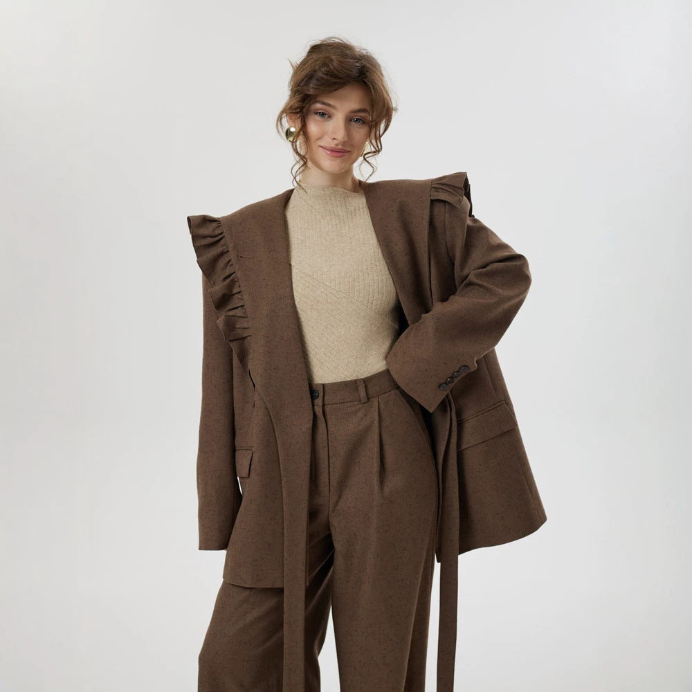 Damen Zweiteiliges Oversize-Blazer-und-Hose-Set mit Volant-Schulter und hoher Bundfalte Shop Nory