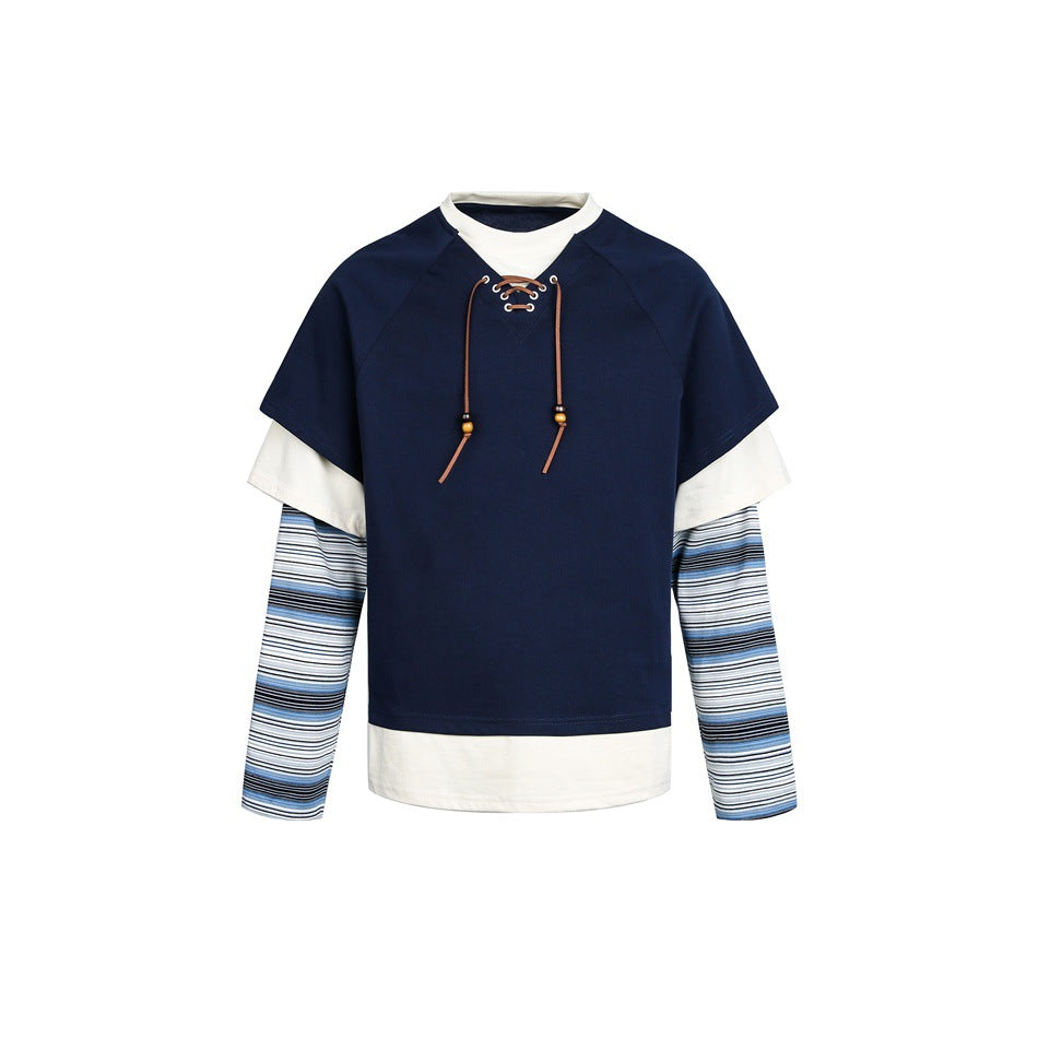 Damen Lagenlook-Sweatshirt mit Schnürung, gestreiften Ärmel-Einsätzen und asymmetrischem Saum Shop Nory