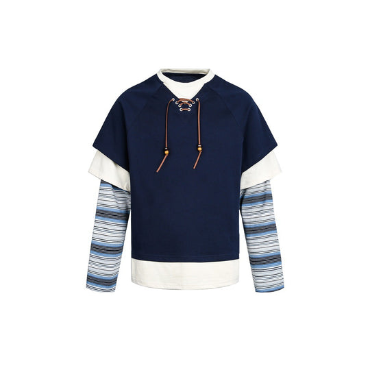 Damen Lagenlook-Sweatshirt mit Schnürung, gestreiften Ärmel-Einsätzen und asymmetrischem Saum Shop Nory