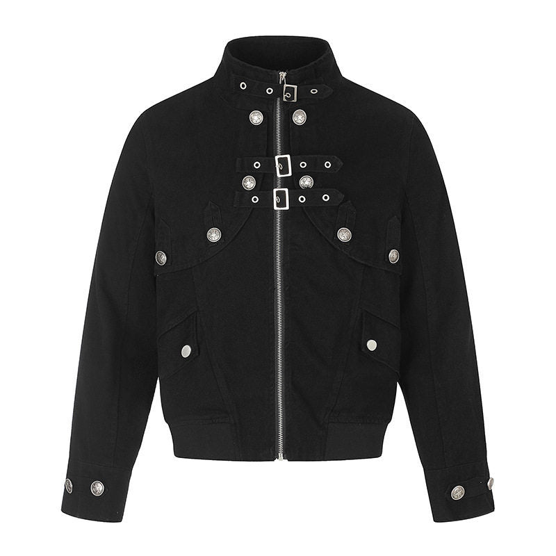 Damen Kurz geschnittene taillierte Bomberjacke mit Stehkragen, Zierschnallen und Pattentaschen Shop Nory