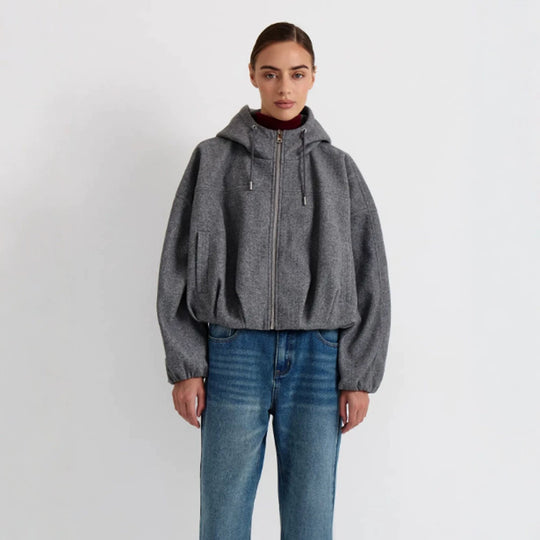 Damen Kurzjacke aus Wollmix mit Kapuze, kastiger Boxy‑Silhouette & gerafftem Saum Shop Nory