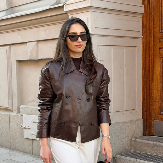 Damen Kurzjacke aus glattem Nappaleder im Doppelreiher mit Hemdkragen Shop Nory