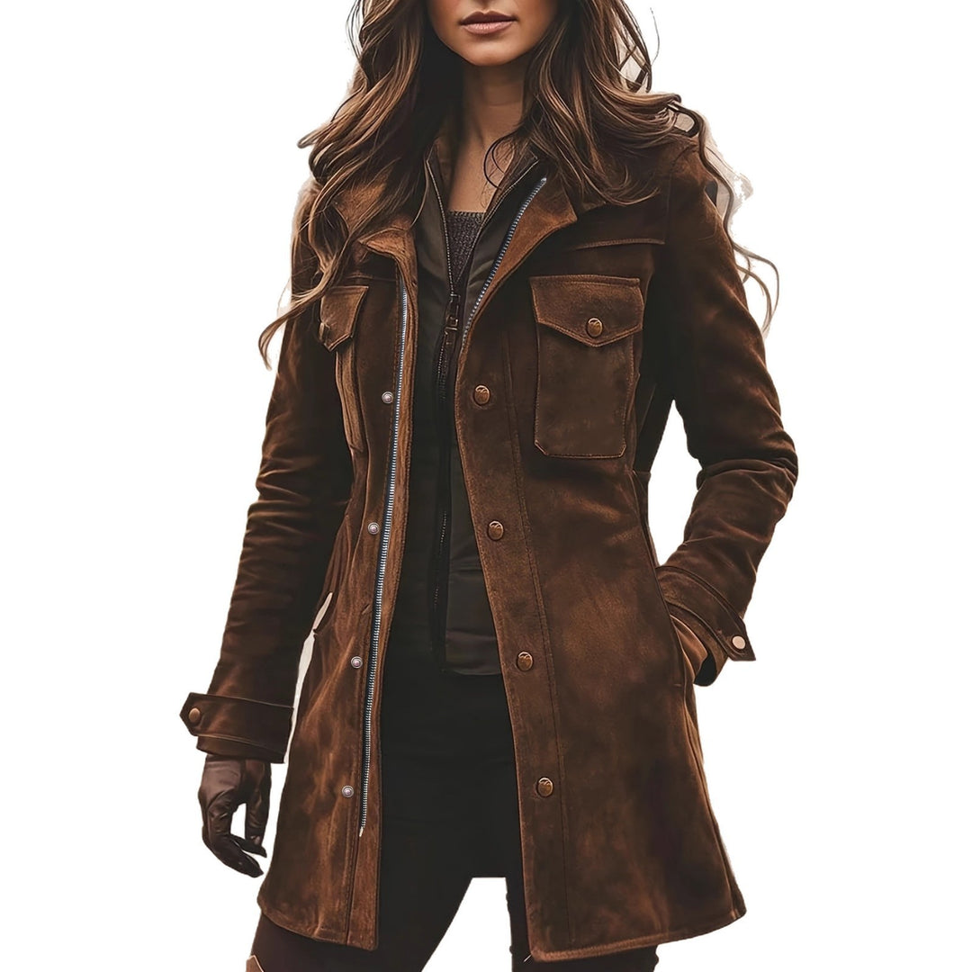 Damen Langjacke aus Veloursleder mit Utility-Taschen und verdecktem Reißverschluss Shop Nory