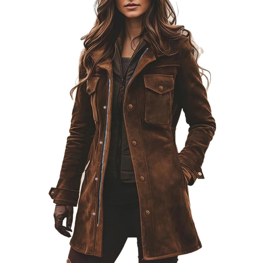 Damen Langjacke aus Veloursleder mit Utility-Taschen und verdecktem Reißverschluss Shop Nory