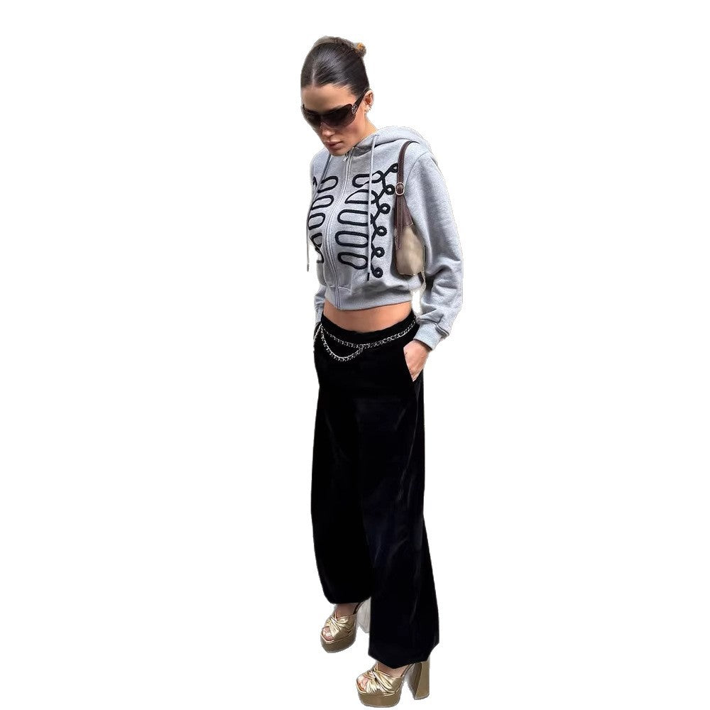 Damen Cropped-Kapuzenjacke mit Reißverschluss und dekorativer Schnürstickerei Shop Nory
