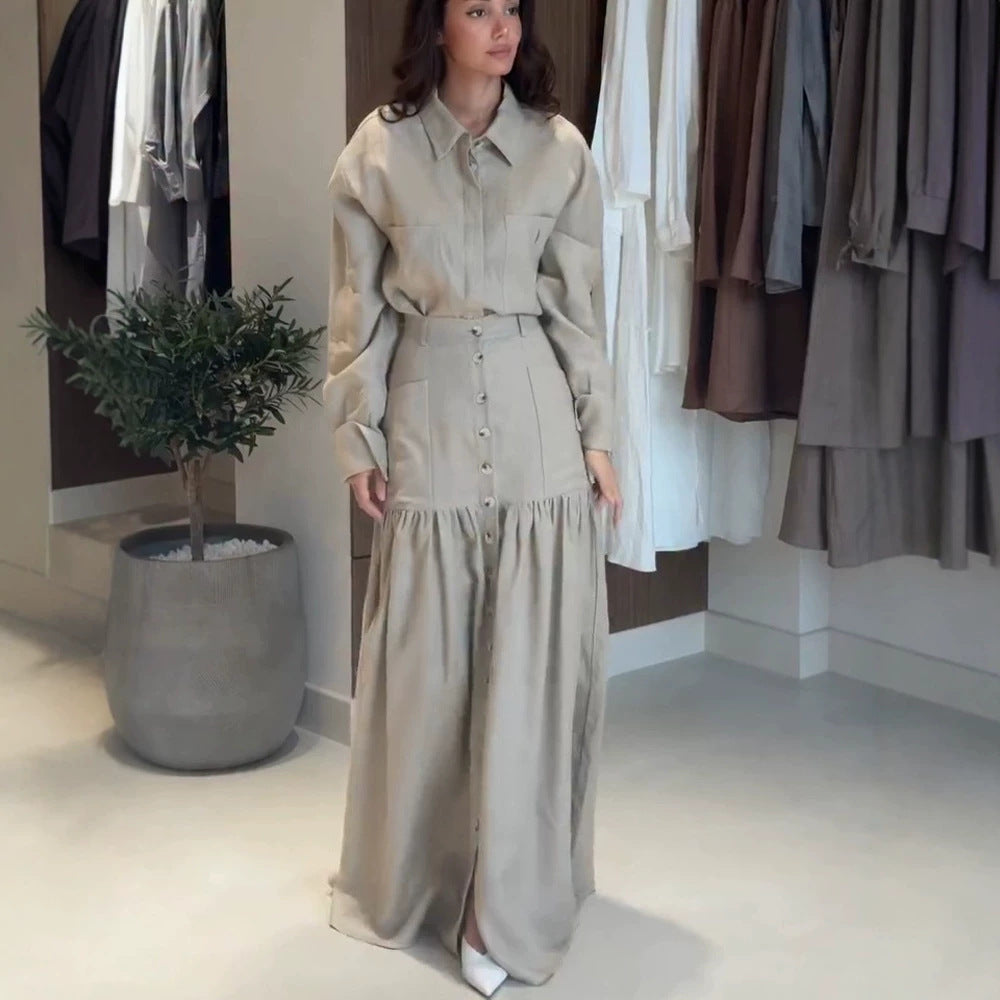 Damen Zweiteiliges Oversize-Hemd und Maxirock-Set mit hoher Taille & durchgehender Knopfleiste Shop Nory