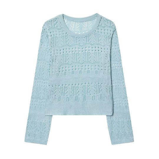Damen Leichter Ajourstrick-Pullover mit Rundhalsausschnitt und Boxy-Cropped-Schnitt Shop Nory