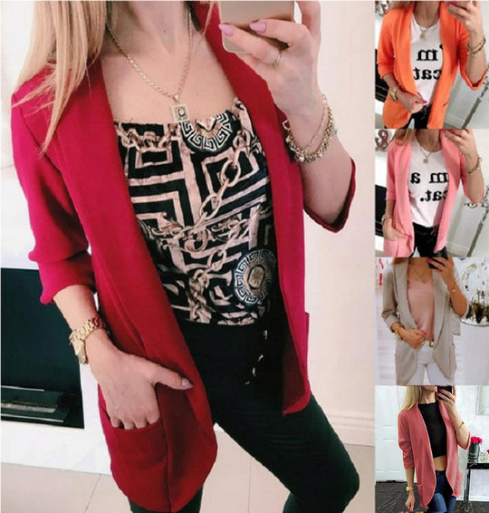 Damen Leichter Offener Cardigan-Blazer, dreiviertelärmelig mit Eingrifftaschen Shop Nory