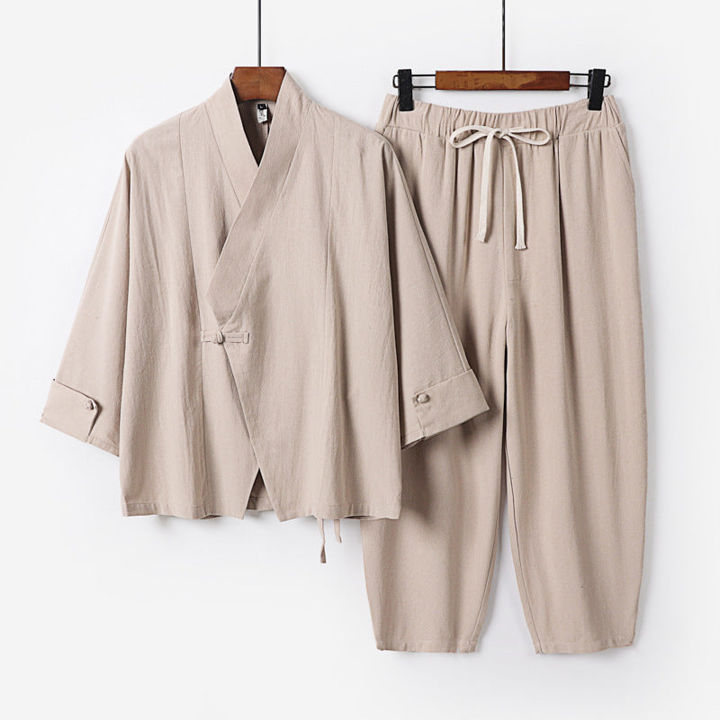 Herren Atmungsaktives Leinen-Baumwoll Lounge-Set mit asymmetrischem V-Kragen und elastischer Kordelhose Shop Nory