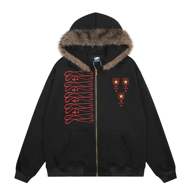 Unisex Kapuzen-Sweatjacke mit kunstfellbesetzter Kapuze, Reißverschluss und gestickten Abzeichen Shop Nory