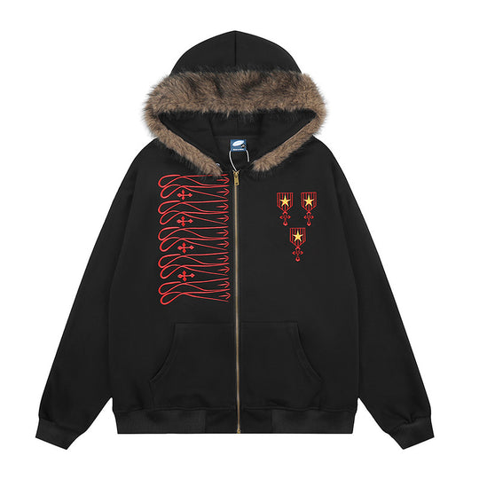 Unisex Kapuzen-Sweatjacke mit kunstfellbesetzter Kapuze, Reißverschluss und gestickten Abzeichen Shop Nory