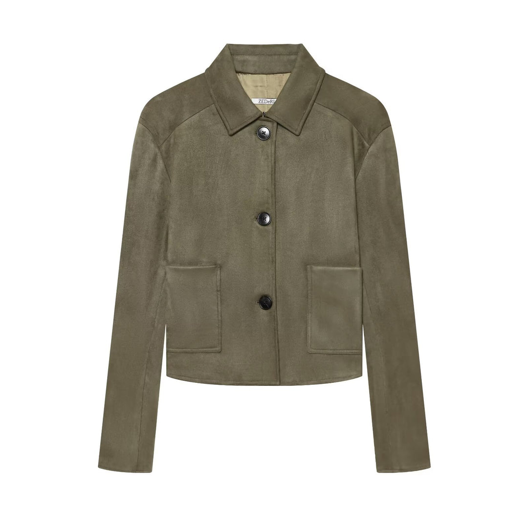 Damen Kurzjacke aus Velourslederimitat mit Hemdkragen und aufgesetzten Taschen Shop Nory