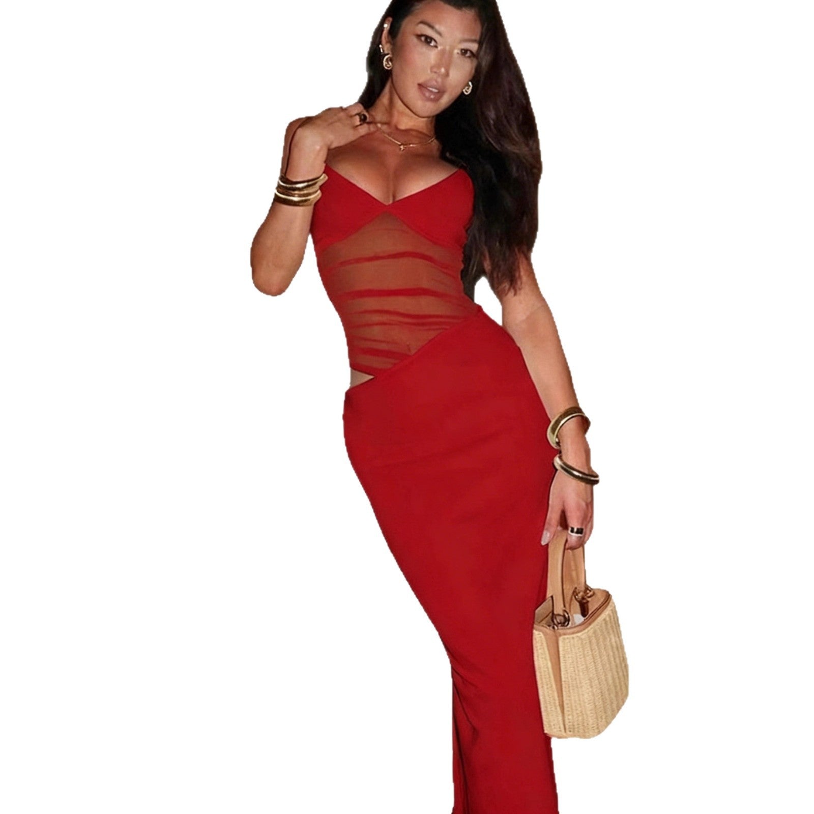 Damen Elegantes Maxikleid mit transparentem Oberteil und figurbetontem Schnitt