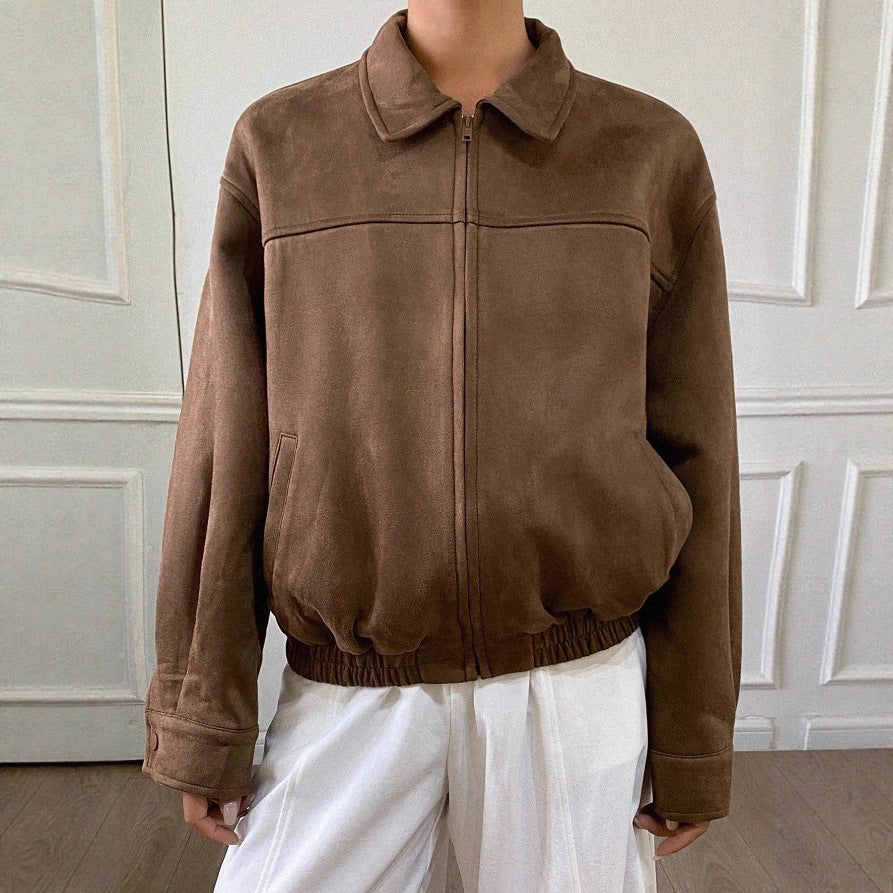 Damen Oversized Wildlederoptik Bomberjacke mit Reißverschluss und elastischem Saum Shop Nory