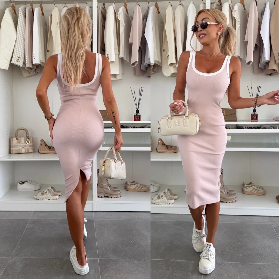 Damen figurbetontes Midi-Kleid mit breiten Trägern und schmalem Schnitt