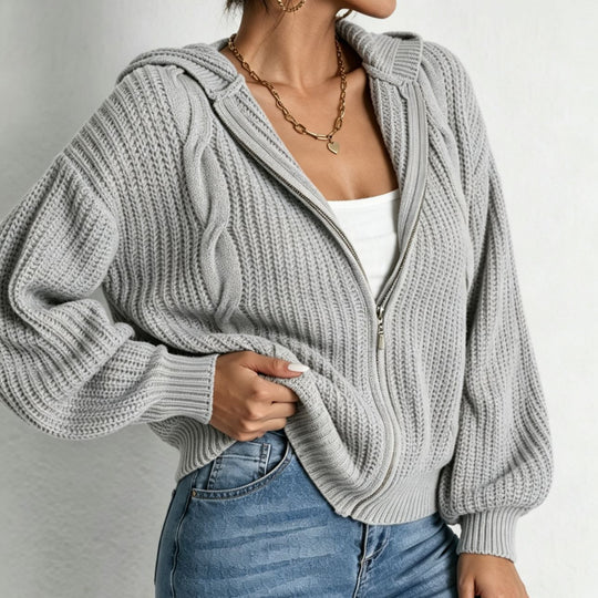 Damen Kapuzen-Cardigan im Grobstrick mit Zopfmuster und Reißverschluss Shop Nory