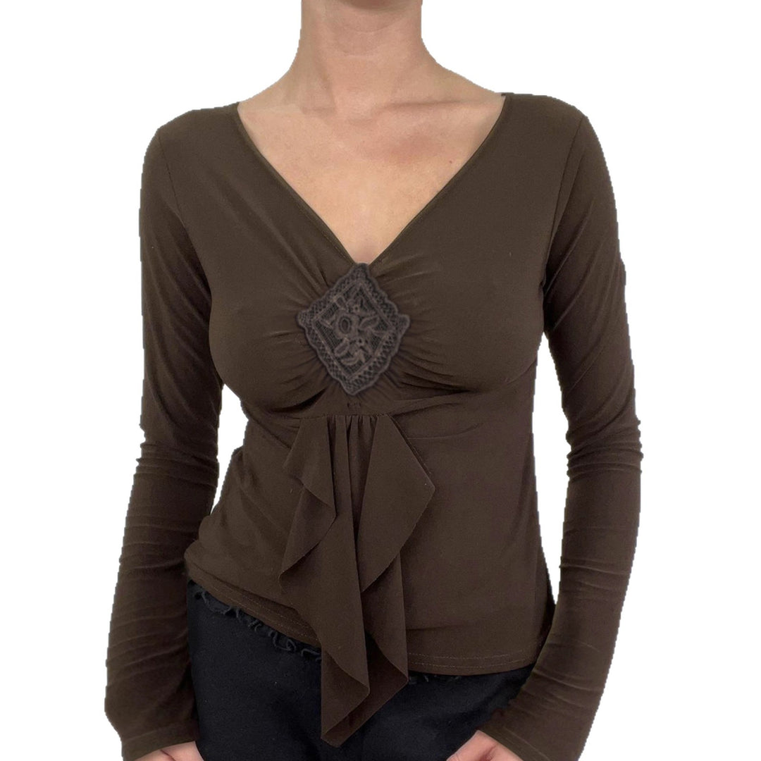 Damen nan figurbetontes Langarmshirt mit Drapé-Vorderteil und gehäkelter Mittelapplikation Shop Nory