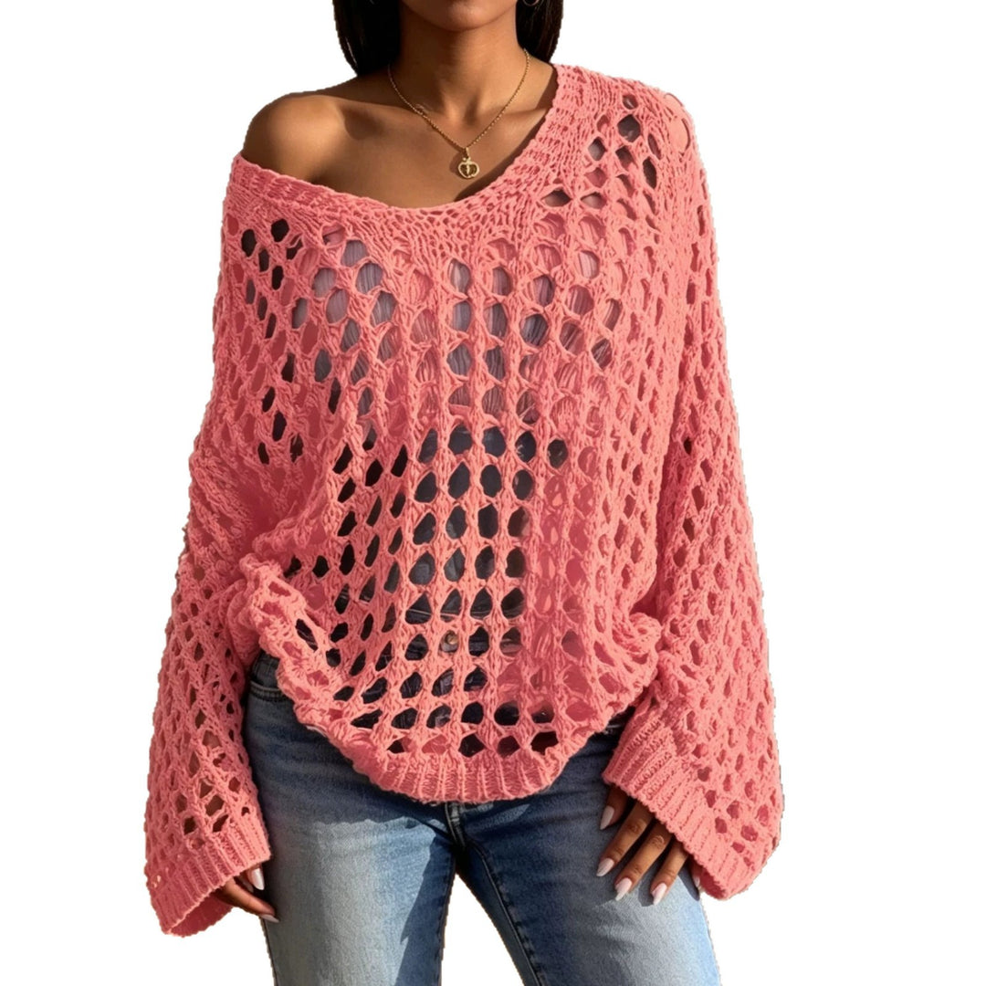 Damen Lockerer gehäkelter Oversize-Ajour-Pullover mit V-Ausschnitt Shop Nory