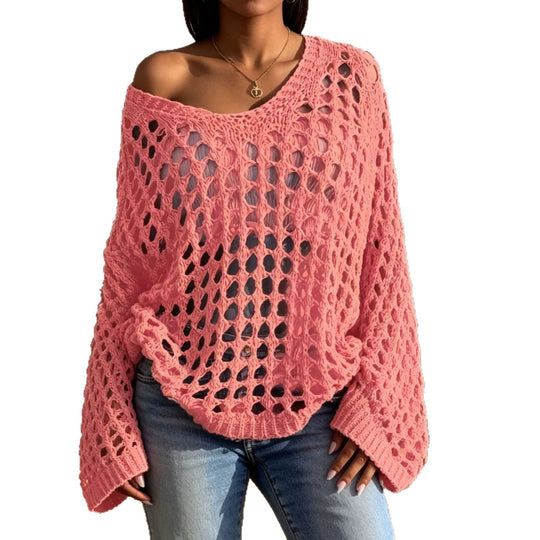 Damen Lockerer gehäkelter Oversize-Ajour-Pullover mit V-Ausschnitt Shop Nory