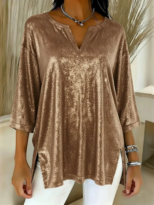 Damen Glitzerndes Oversize-Longshirt mit V-Ausschnitt und seitlichen Schlitzen Shop Nory