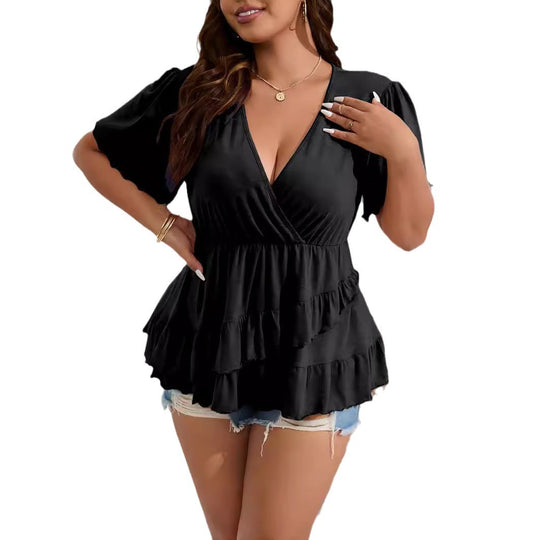 Damen Wickelshirt mit V-Ausschnitt, geraffter Taille und gestuften Volants Shop Nory