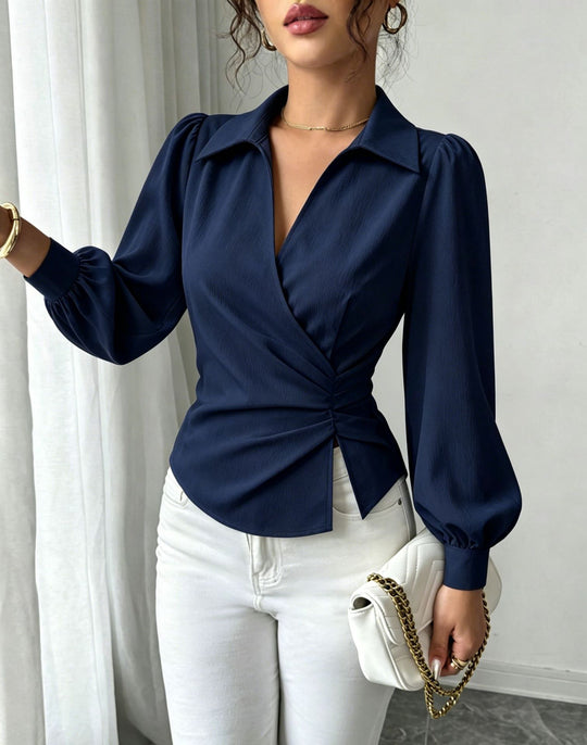 Damen Wickelbluse mit Taillenraffung, Hemdkragen und Ballonärmeln Shop Nory