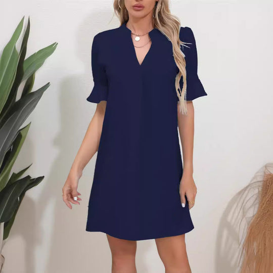 Damen Elegantes Kurzarm-Kleid mit V-Ausschnitt und Schößchen