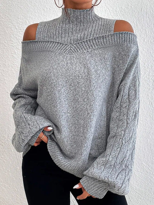 Damen nan schulterfreier Strickpullover mit Stehkragen und Zopfmusterärmeln Shop Nory