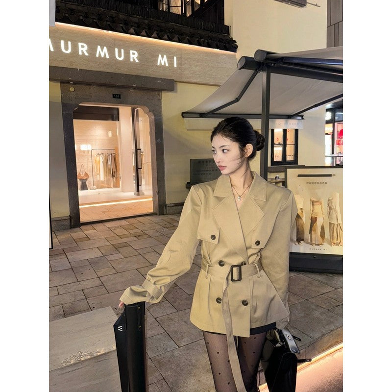 Damen Kurzer taillierter Trenchcoat-Blazer mit Doppelreihe und Taillengürtel Shop Nory