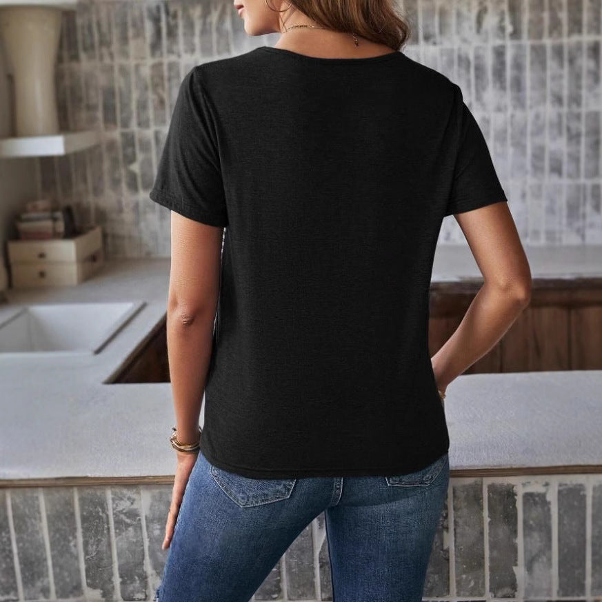 Damen Trendiges T-Shirt mit gestreiftem Design und Leder-Tasche