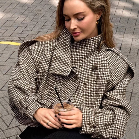 Damen Oversize-Trenchcoat mit Hahnentritt-Muster, hohem Stehkragen und Schulterklappen Shop Nory
