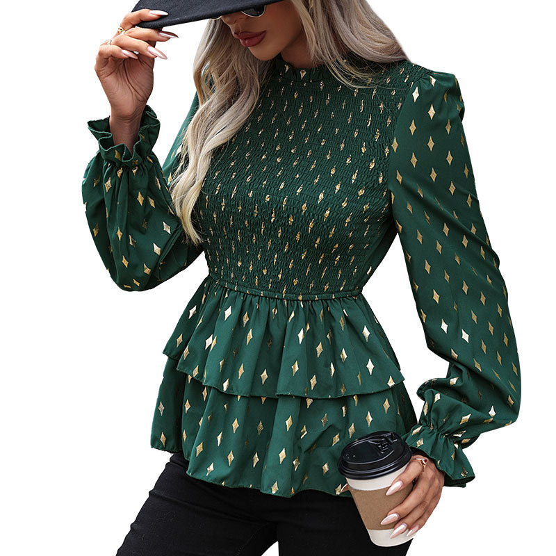 Damen Gesmoktes Volant-Blusenshirt mit langen Manschettenärmel und goldenem Rautendruck Shop Nory